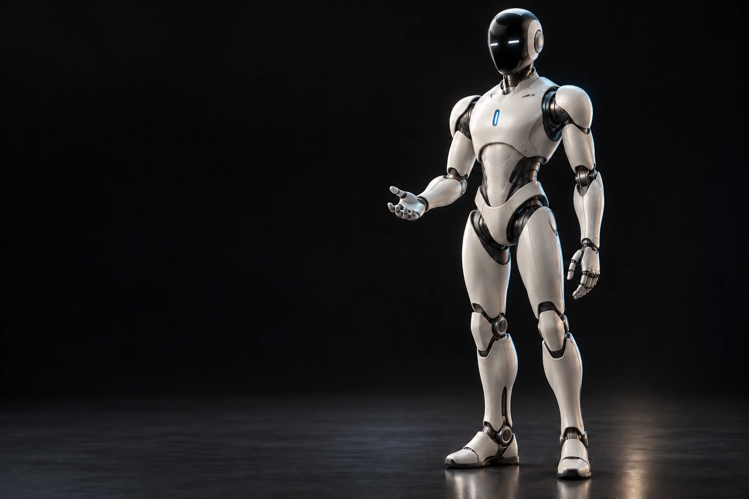 Concept render of Max, a pearl and graphite humanoid robot with the original smooth black visor and blue chest indicator