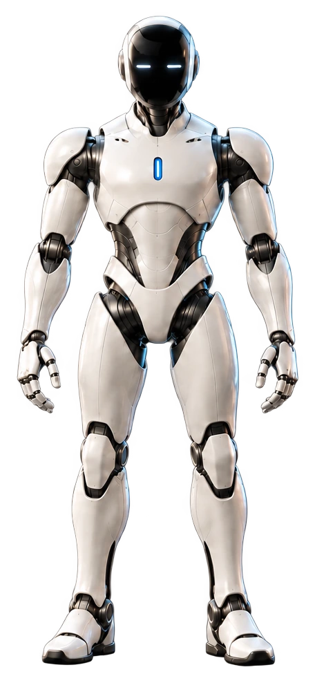 Front view of Max with two horizontal visor light bars and a blue chest indicator